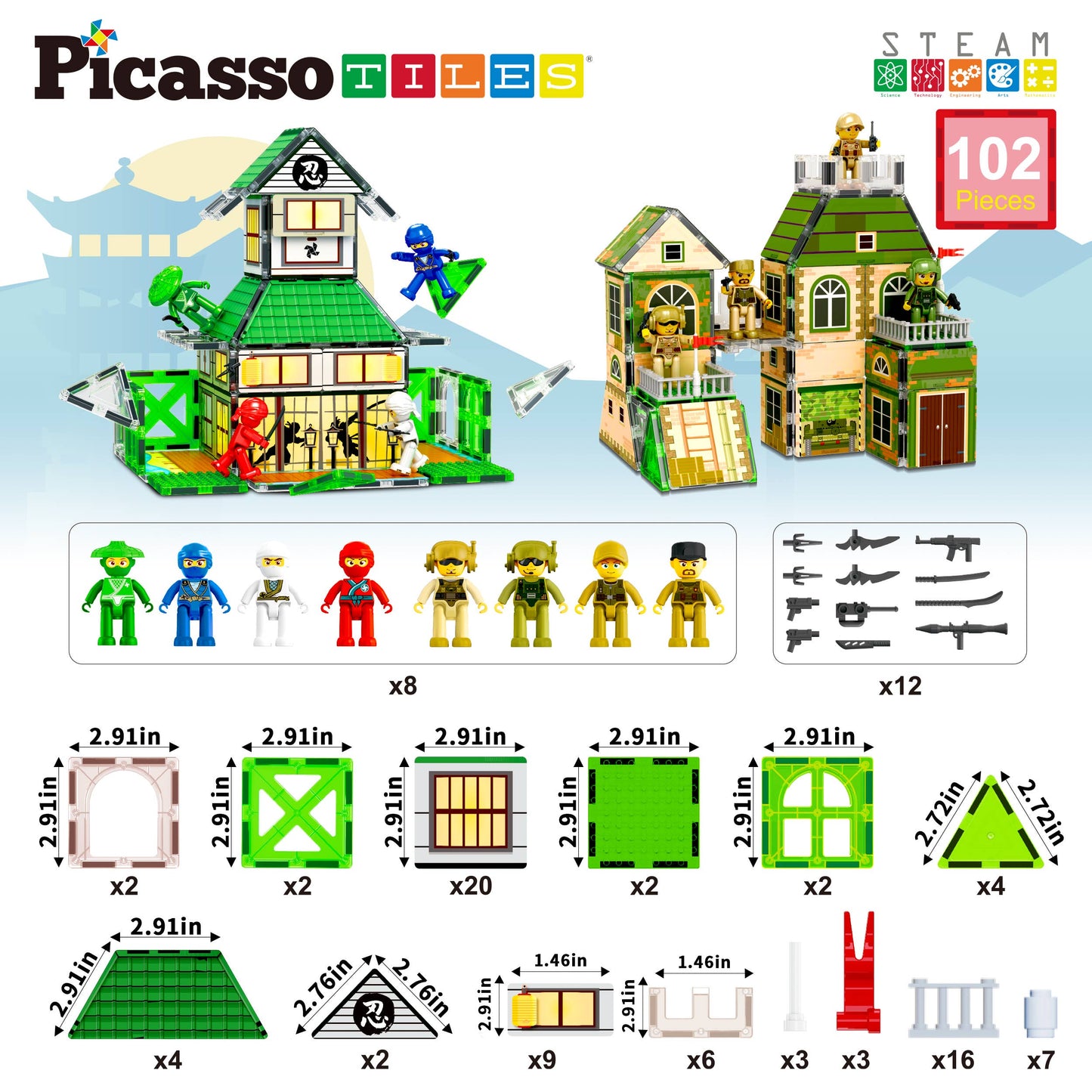 102pc Magnet Tile Building Block Ninja & Troop 2in1 Theme