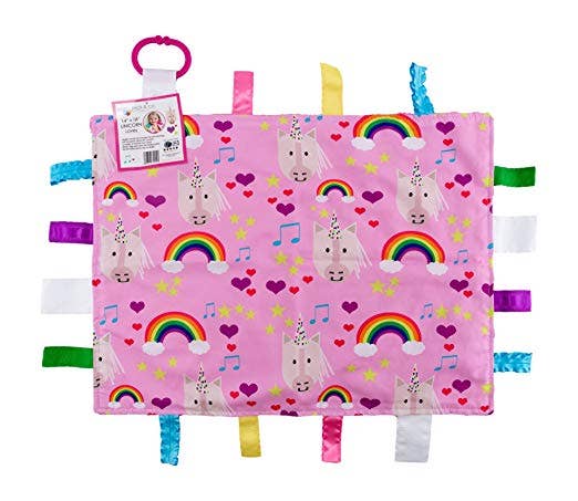 Unicorn Rainbow Hearts Taggy Blanket Learning Lovey 14" x 18