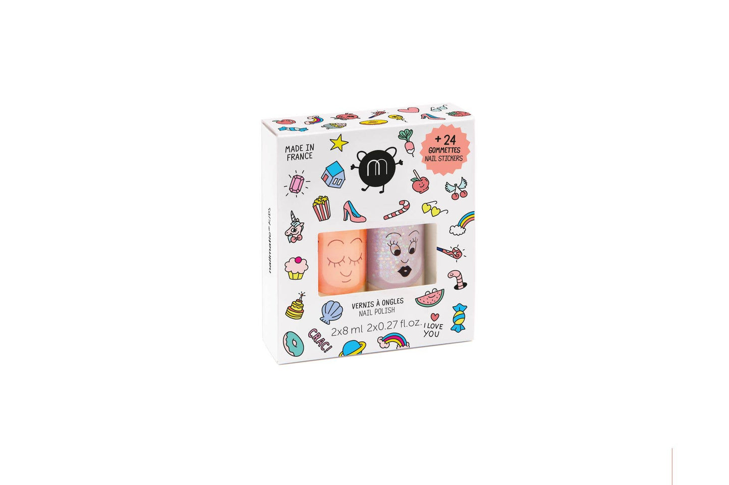 Set: 2 nail polishes + 1 nail sticker