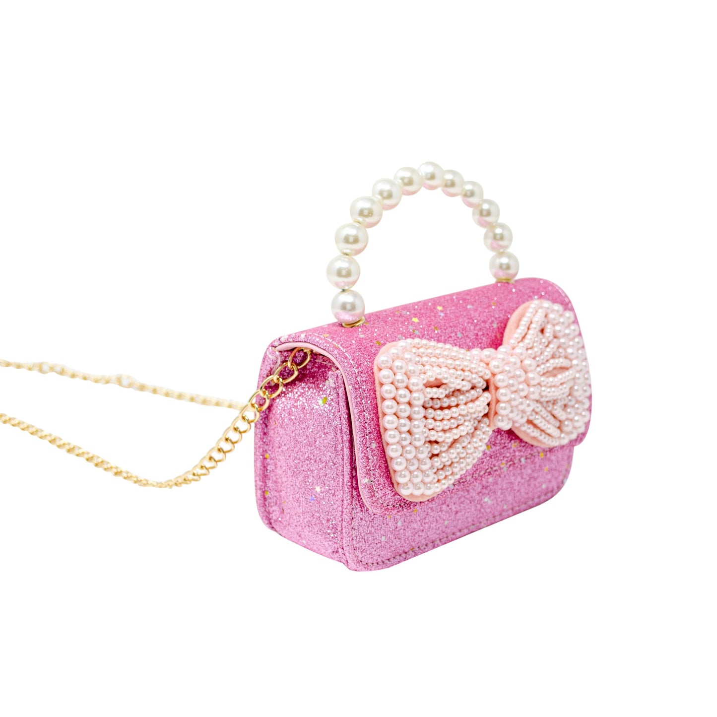 Glitter Pearl Handle Bow Handbag: Pink