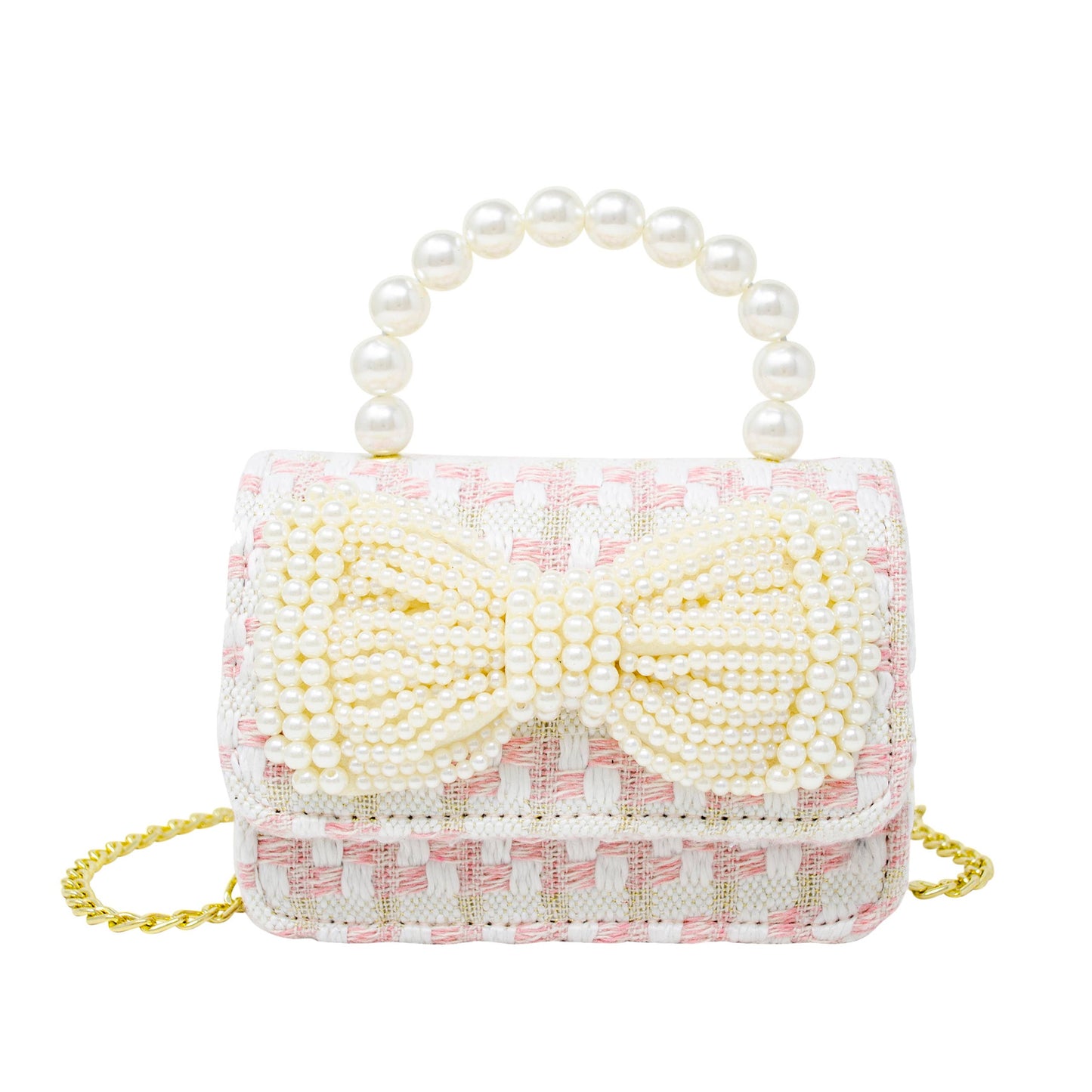 Tweed Pearl Handle Bow Purse: Pink