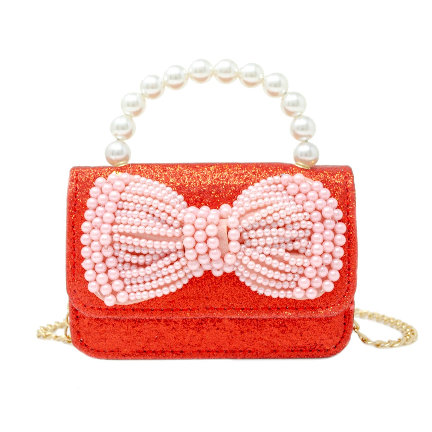 Glitter Pearl Handle Bow Handbag: Pink